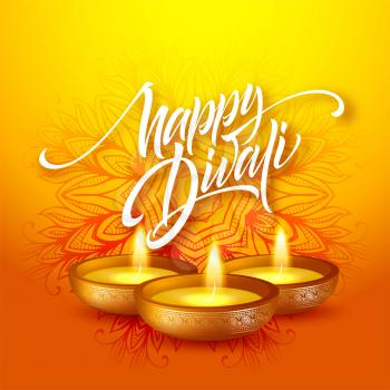 Happy Diwali festival of lights. Retro oil lamp on mandala background. Calligraphy hand lettering text. Vector illustration EPS10