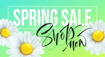 Spring sale banner, background with daisy flowers. Seasonal discount. Vector illustration EPS10