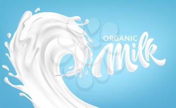 Realistic splashes of milk on a blue background. Organic Milk Handwriting Lettering Calligraphy Lettering. Vector illustration EPS10