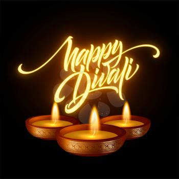 Happy Diwali festival of lights. Retro oil lamp on background night sky. Calligraphy hand lettering text. Vector illustration EPS10