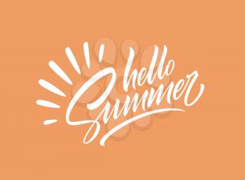 Hello summer handwriting lettering isolated on orange background. Vector illustration EPS10