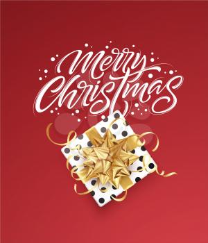 White lettering Merry Christmas on a red background with a gift box and a golden bow. Design template for banner, voucher, poster, flyer. Vector illustration EPS10