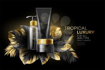 Design cosmetics product Adverting with Black-Golden Tropical Leaves on black background. Vector illustration EPS10