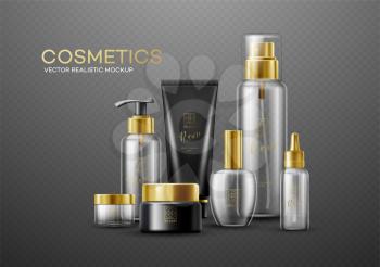 Set of mockup template white, black and glass cosmetic bottles with gold caps isolated on a dark background. Real transparency effect. Vector illustration EPS10