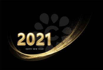 2021 realistic golden 3d inscription on the background of gold glitter confetti wave. Vector illustration EPS10