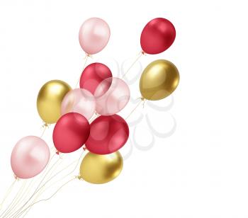 Realistic gold, red, pink balloons flying isolated on white background. Design element for greeting anniversary poster, postcard. Vector illustration EPS10