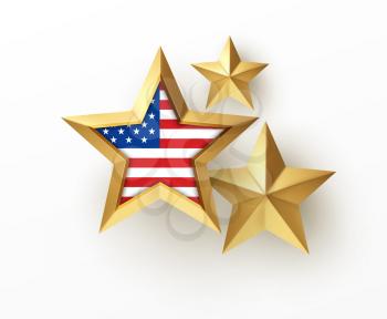Golden realistic 3d star with American flag isolated on white background. Design element for patriotic American posters, cards. Vector illustration EPS10