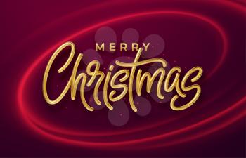 Realistic shiny 3D golden inscription Merry Christmas on a background with red bright waves. Vector illustration EPS10