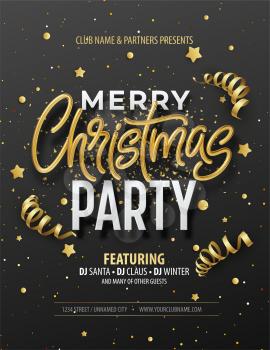 Elegant Christmas Poster Template with Shining Gold lettering Merry Christmas. Vector illustration EPS10