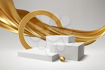Background 3d white podium product and realistic golden swirl on the white background. Modern white cube podium, great design for any purposes. Vector illustration EPS10