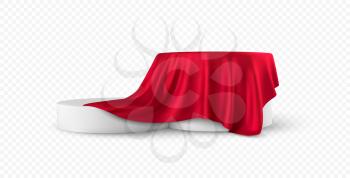 Realistic 3d round white product podium display covered red fabric drapery folds isolated on white background. Vector illustration EPS10