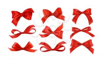 Gift bows silk red ribbon with decorative bow. Realistic luxury festive satin tape for decor or holiday packaging 3d vector set isolated on white background. Vector illustration EPS10
