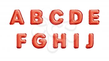 Realistic red gold metallic foil balloons alphabet isolated on white background. A B C D E F G H I J letters of the alphabet. Vector illustration EPS10