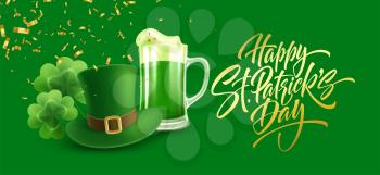 Happy St. Patricks Day greeting background for postcard, banner, poster. Leprechaun hat with clover leaves and green beer. Vector illustration EPS10