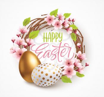 Happy Easter greeting background with realistic Easter eggs in a wreath with spring flowers. Vector illustration EPS10