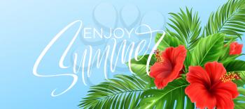Tropical summer background. Tropical palm leaves, monstera with hibiscus flowers and Summer lettering. Vector illustration EPS10