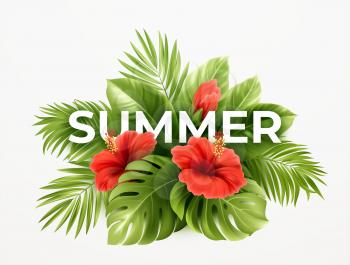 Tropical summer background. Tropical palm leaves, monstera with hibiscus flowers and Summer lettering. Vector illustration EPS10