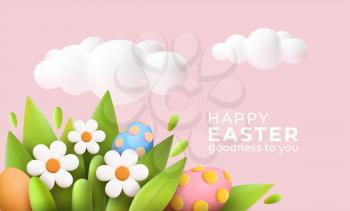 3D trendy Realistic Easter greeting card, banner with flowers, Easter eggs and clouds. Spring floral Modern 3d Easter graphic concept. Vector illustration EPS10