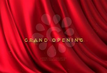 Red curtain and golden lettering Grand Opening 3d realistic background. Elegant celebration event design. Vector illustration EPS10