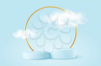 Realistic Blue product podium with golden round arch and clouds. Product podium scene design to showcase your product. Realistic 3d vector illustration EPS10