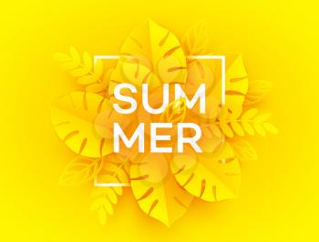 Bright yellow summer background. The inscription Summer surrounded by paper cut tropical palm leaves on a yellow background. Vector illustration EPS10