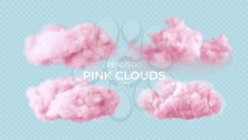 Realistic pink fluffy clouds set isolated on transparent background. Cloud sky background for your design. Vector illustration EPS10