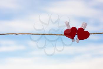 two red hearts on a background of the sky, concepts,Valentine Day
