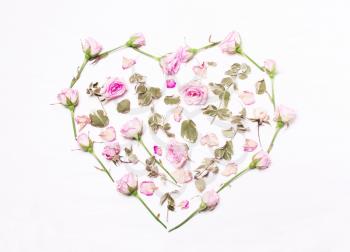Pink flowers, green leaves in the shape of a heart on a white background. The concept of a holiday of love. 