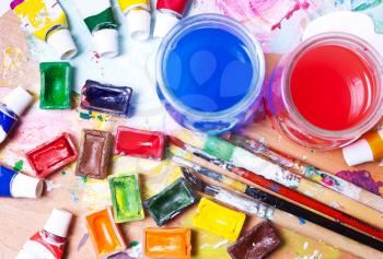 brushes, palette, wate,multicolored paints.. Desk, workplace artist. backgrounds art. View from above, flat
