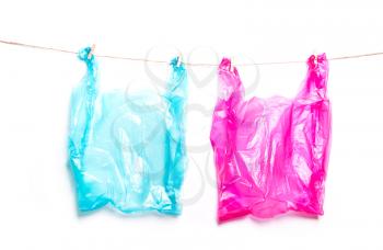 Pink, blue  plastic bag. Ecological concept of pollution of ecology, nature. Social advertising