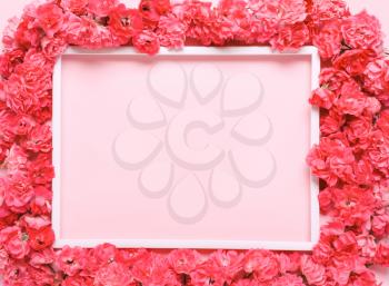 Frame made of coral, pink flowers. Natural holiday lettering letterhead