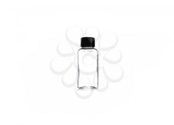 Transparent empty jar, container, sample with 75 ml capacity on white background for cosmetics, liquid. Set in the plane