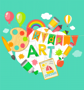 Themed Kids art poster in flat style, vector illustration. Frame with artistic objects, vector illustration for children art school, summer art fest.