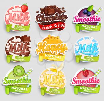 Set of chocolate, banana, strawberry milk, smoothie and honey labels splash. Lettering, splash and blot design, shape creative vector illustration.