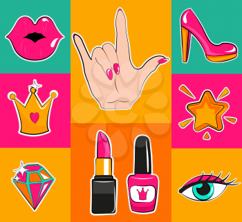 Fashion patch badges with lips, hearts, speech bubbles and other elements. Set of fashion stickers, icons, pins, patches in cartoon 80s-90s comic cartoon style.