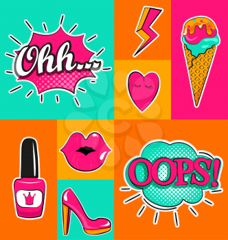 Fashion patch badges with lips, hearts, speech bubbles and other elements. Set of fashion stickers, icons, pins, patches in cartoon 80s-90s comic cartoon style. Vector illustration.