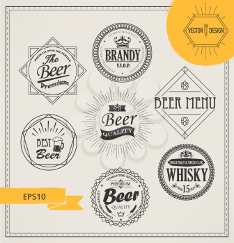 Vector alcohol logos and emblems in outline style. Set of Retro Vintage Insignias and Logotypes. Labels, Badges, Frames and Other Design Elements.