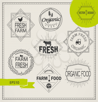 Vector agriculture and organic farm fresh line logos - set of design elements and badges for food industry in outline style.