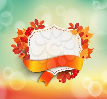 Autumn background with vintage frame,colorful leaves and rowan. EPS 10 vector illustration.
