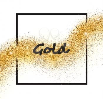 Vector golden sparkling falling star with frame on white background. Gold glittering wave for card.