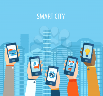 Vector illustration concept of hands holding smart-phones . Flat design modern vector illustration icons set of smart city life.