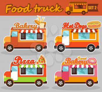 Set of vector illustrations food truck - bakery, pizza, hot dog and sweet bakery.