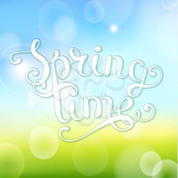 Spring time inscription on bokeh background, vector illustration.