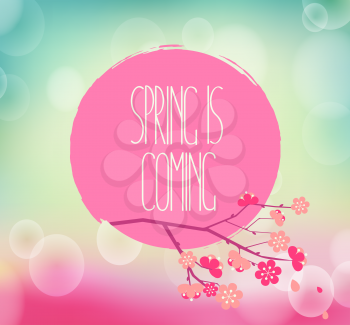 vector illustration of Handwriting inscription Spring is coming with an Oriental cherry branch on a water color on the light bokeh background