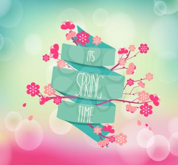 vector illustration of spring season, cherry blossoms on a background of vintage ribbon with the inscription Spring is coming