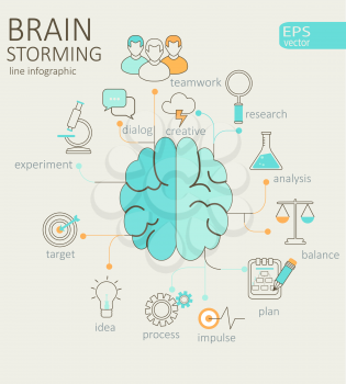 Creative left brain and right brain Idea concept background in liner style with flat set business icon. Vector illustration.