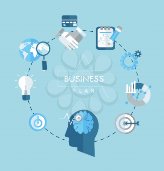 Business plan concept flat icons illustration. Vector emblem in outline style