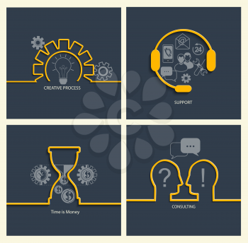 Set of business concepts: time is money, consulting, support and teamwork, vector illustration.
