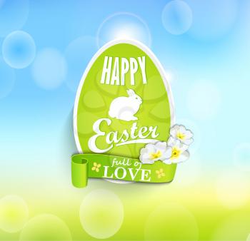 Easter eggs with ribbon, text and flowers on the bokeh spring background, vector illustration.