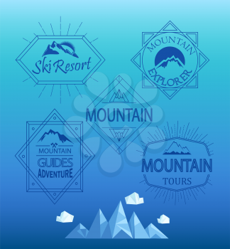 Vector mountain logos and emblems in outline style. Set of Retro Vintage Insignias and Logotypes. Labels, Badges, Frames and Other Design Elements.